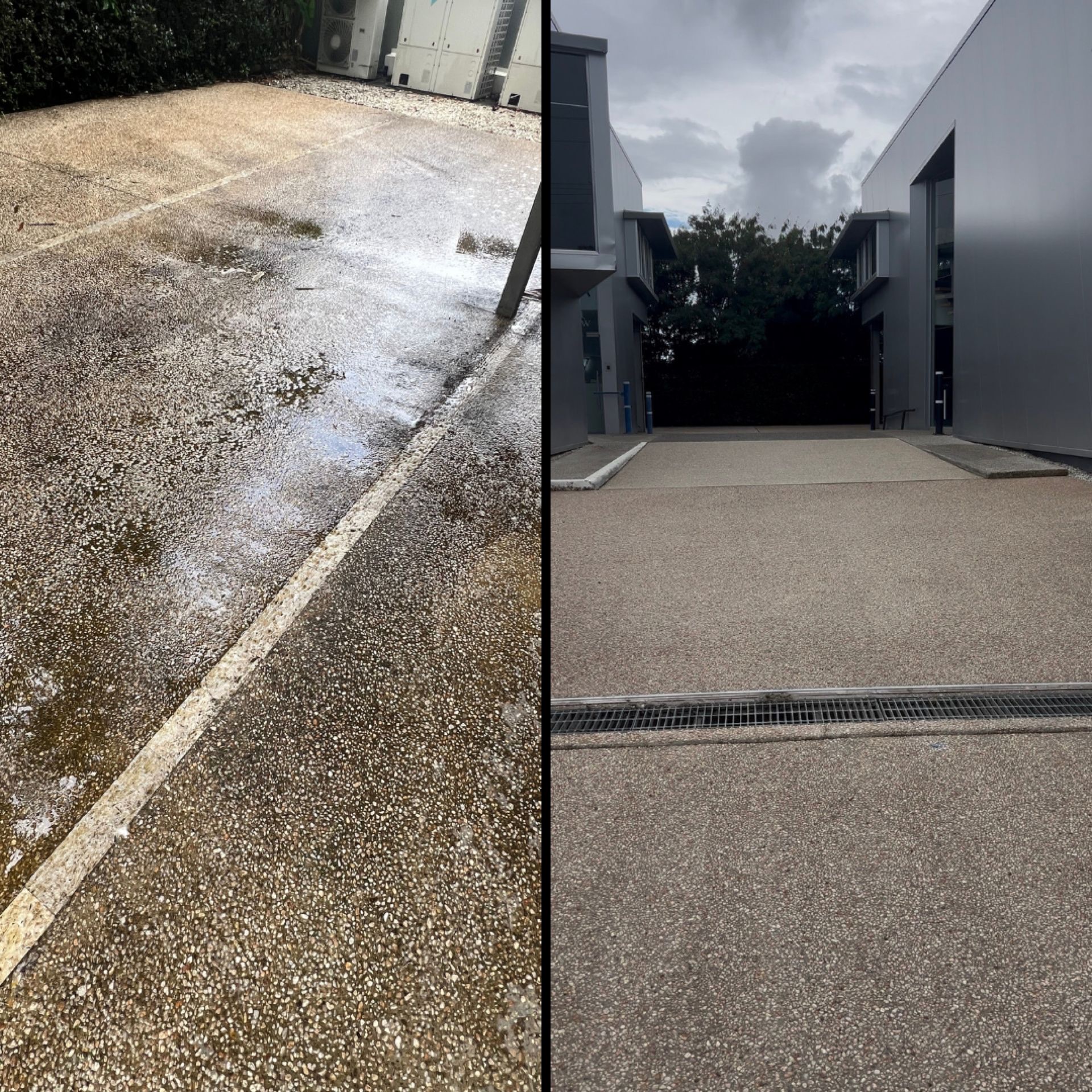 Before and after — commercial pebblecrete pressure wash